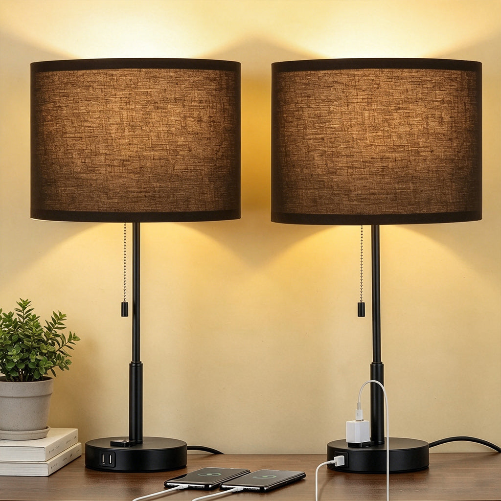 Set of 2 Contemporary Black Nightstand Lamps with Dual USB Ports for Bedroom and Living Room Use