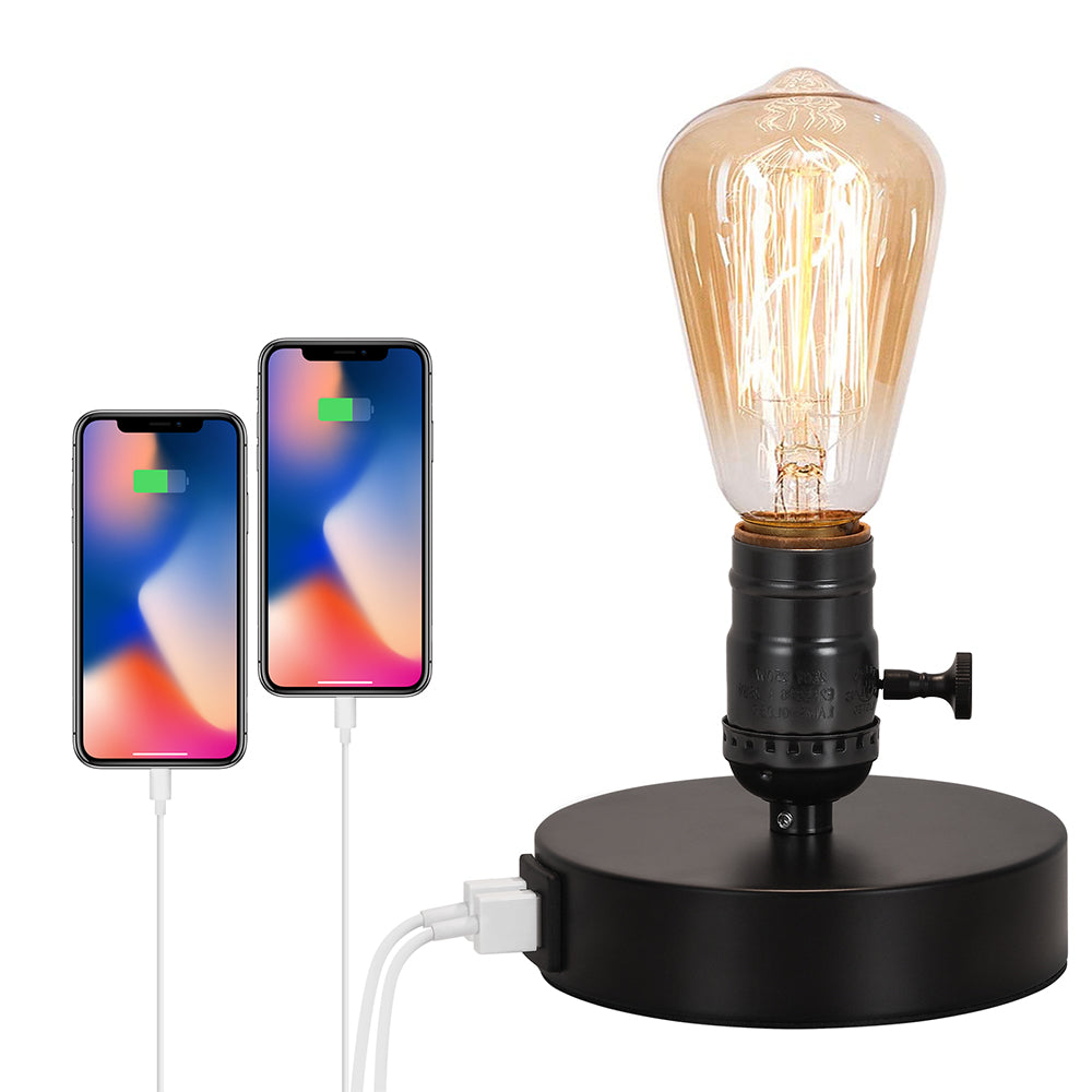 Retro Industrial Nightstand Lamp with Dual 2.1A USB Charging Ports, Small E26 Edison Desk Light for Minimalist Home and Bedroom Decor, Black Finish