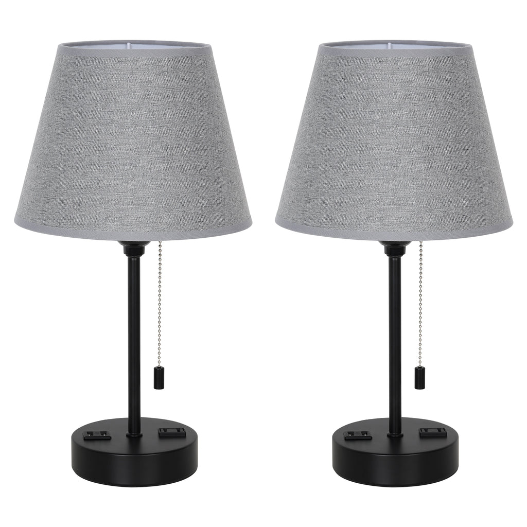 Table lamp, set of two bedside lamps, with 2 USB ports, zipper switch, modern style bedside table lamp, gray lampshade, suitable for bedroom, study, living room, dining room, tavern