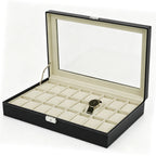Large 24-Slot Men's Watch Display Case with Secure Lock and Clear Viewing Lid in Black Synthetic Leather