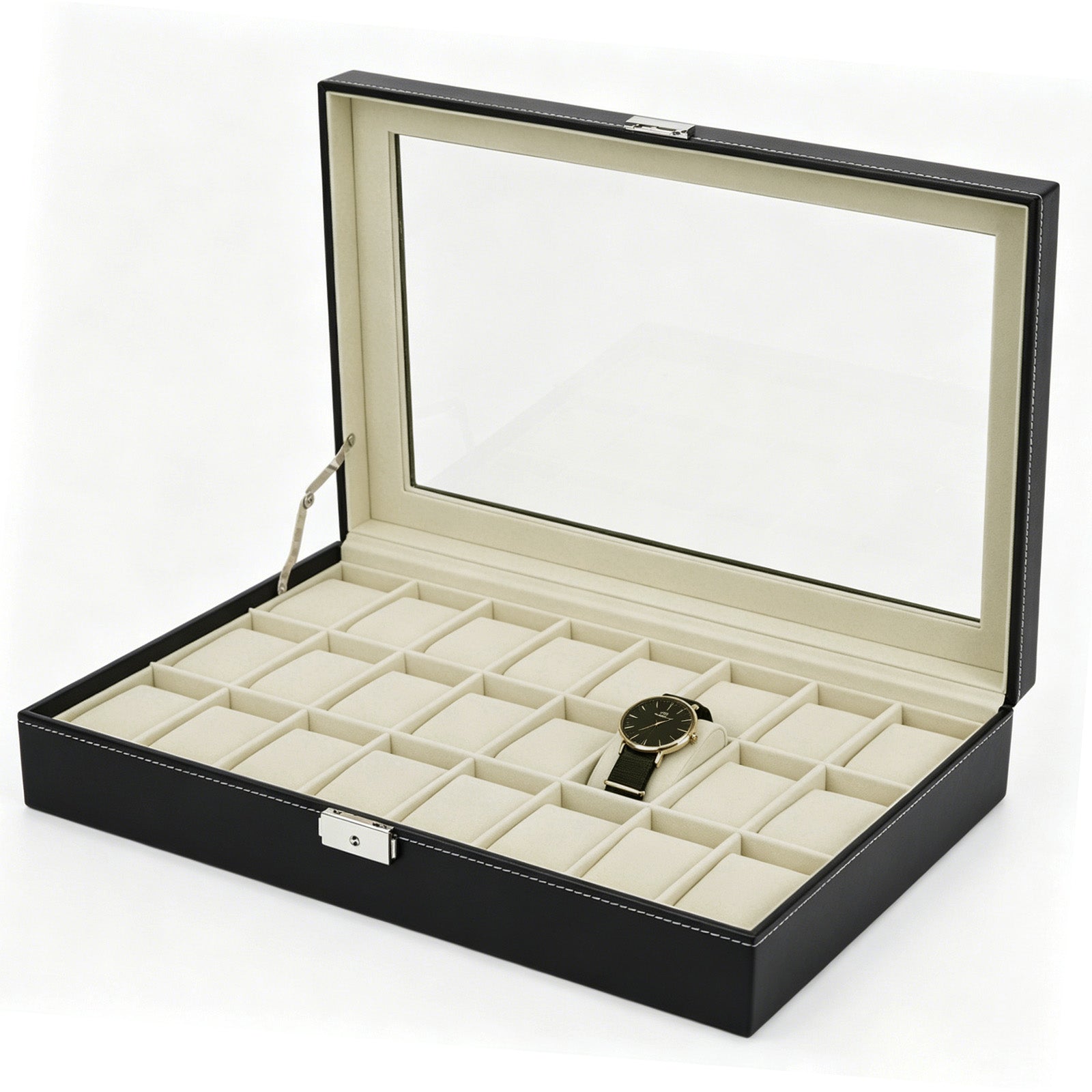 Large 24-Slot Men's Watch Display Case with Secure Lock and Clear Viewing Lid in Black Synthetic Leather