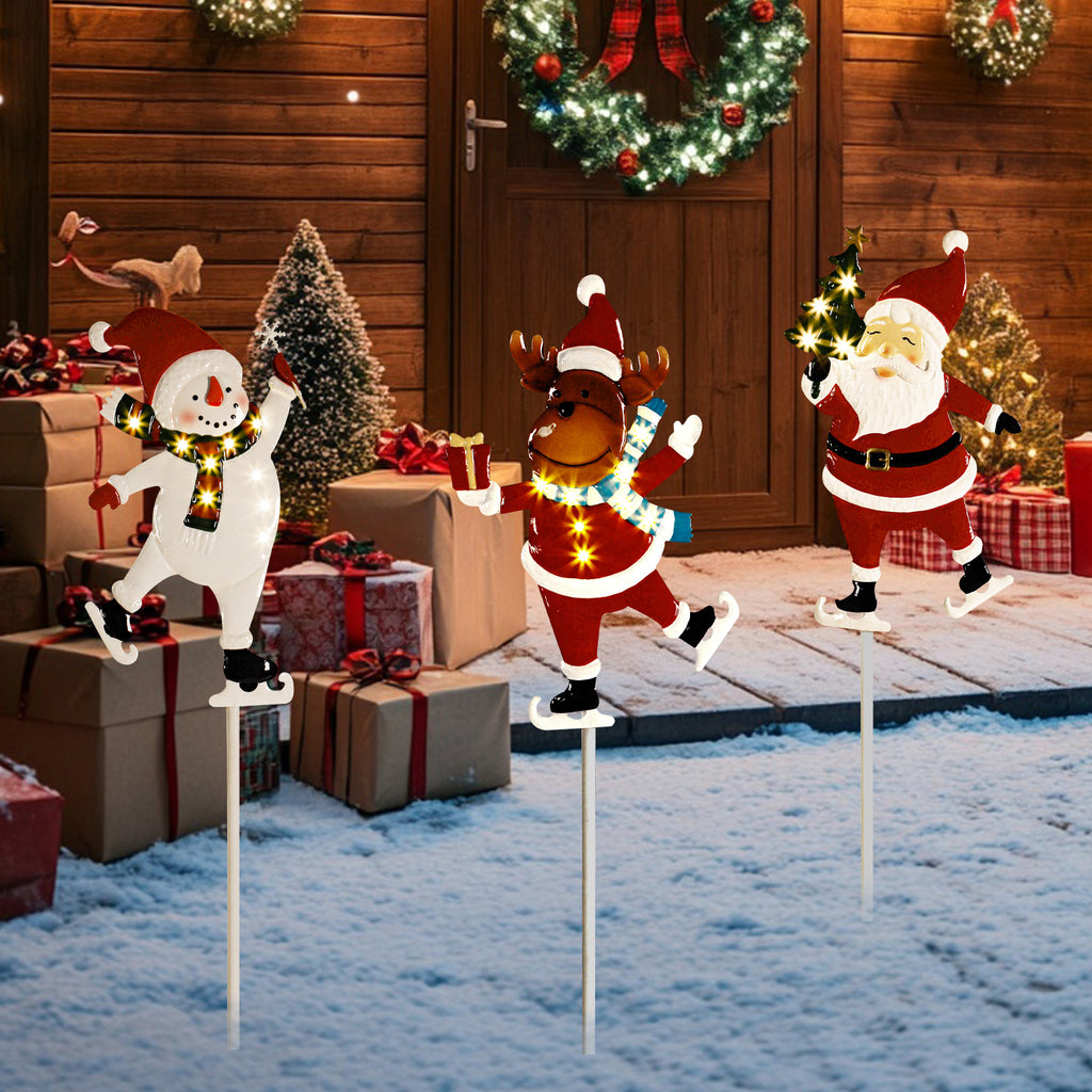 Solar Christmas Yard Stakes, 3-Pack - Metal Santa, Snowman & Reindeer Garden Lights for Path & Lawn