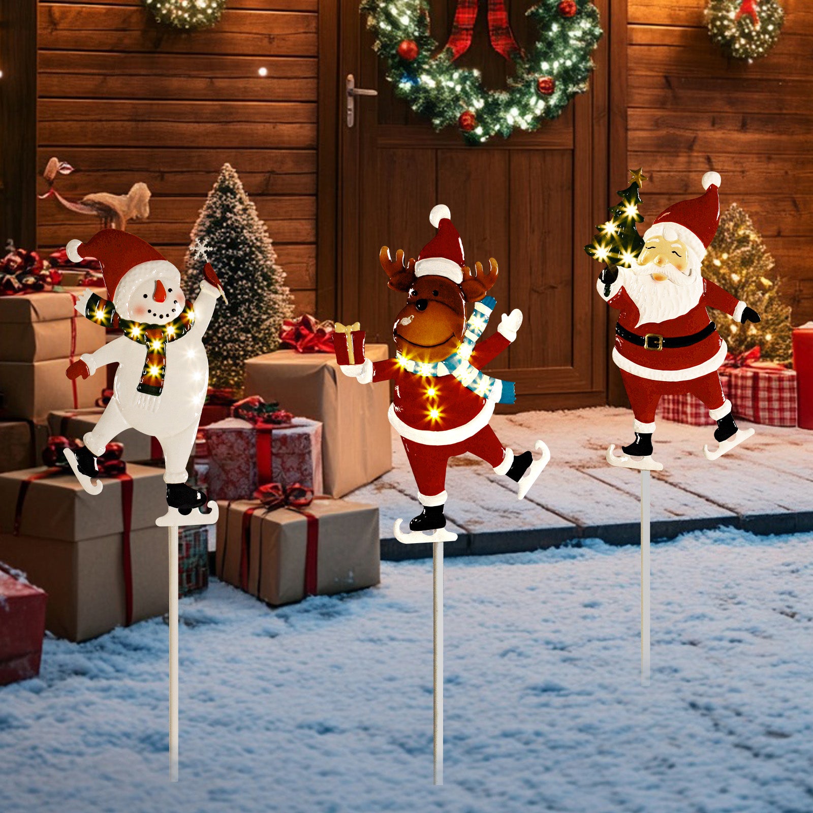 Solar Christmas Yard Stakes, 3-Pack - Metal Santa, Snowman & Reindeer Garden Lights for Path & Lawn