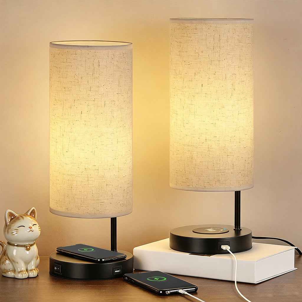 Set of 2 Bedside Nightstand Lamps with Integrated Wireless Charging, USB Port, and Linen Fabric Shades for Home and Office use.