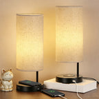 Set of 2 Bedside Nightstand Lamps with Integrated Wireless Charging, USB Port, and Linen Fabric Shades for Home and Office use.