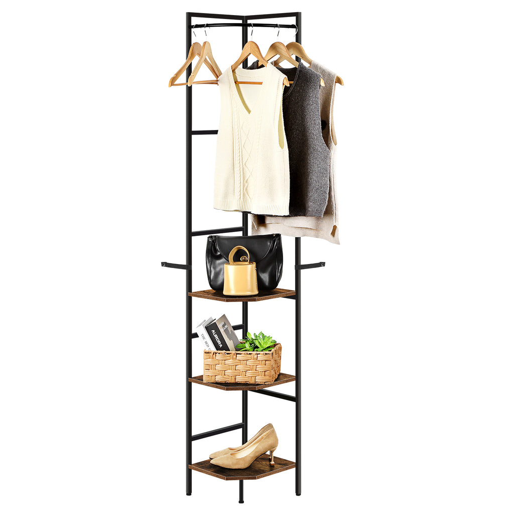 70.8 Inch Rustic Brown Tall Corner Unit with 3-Tier Shelving and Integrated Coat Rack for Versatile Small Space Storage in Living Rooms or Offices