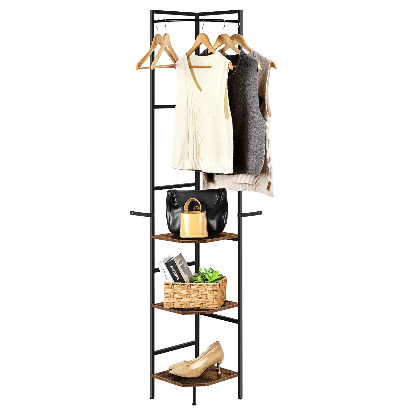 70.8 Inch Rustic Brown Tall Corner Unit with 3-Tier Shelving and Integrated Coat Rack for Versatile Small Space Storage in Living Rooms or Offices