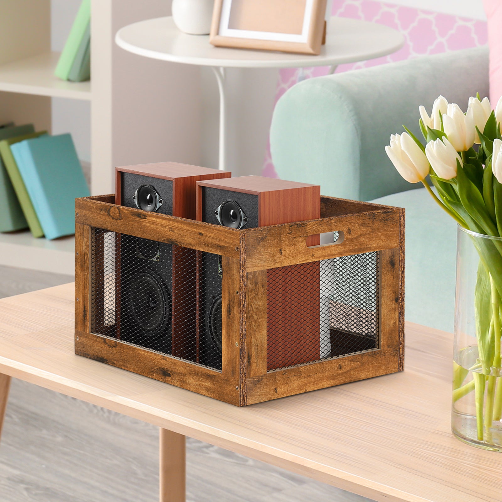 Vintage Wood Vinyl Record Storage Crate - Rustic Album Holder with Integrated Handles - Decorative Storage Case for Records, Books & Magazines