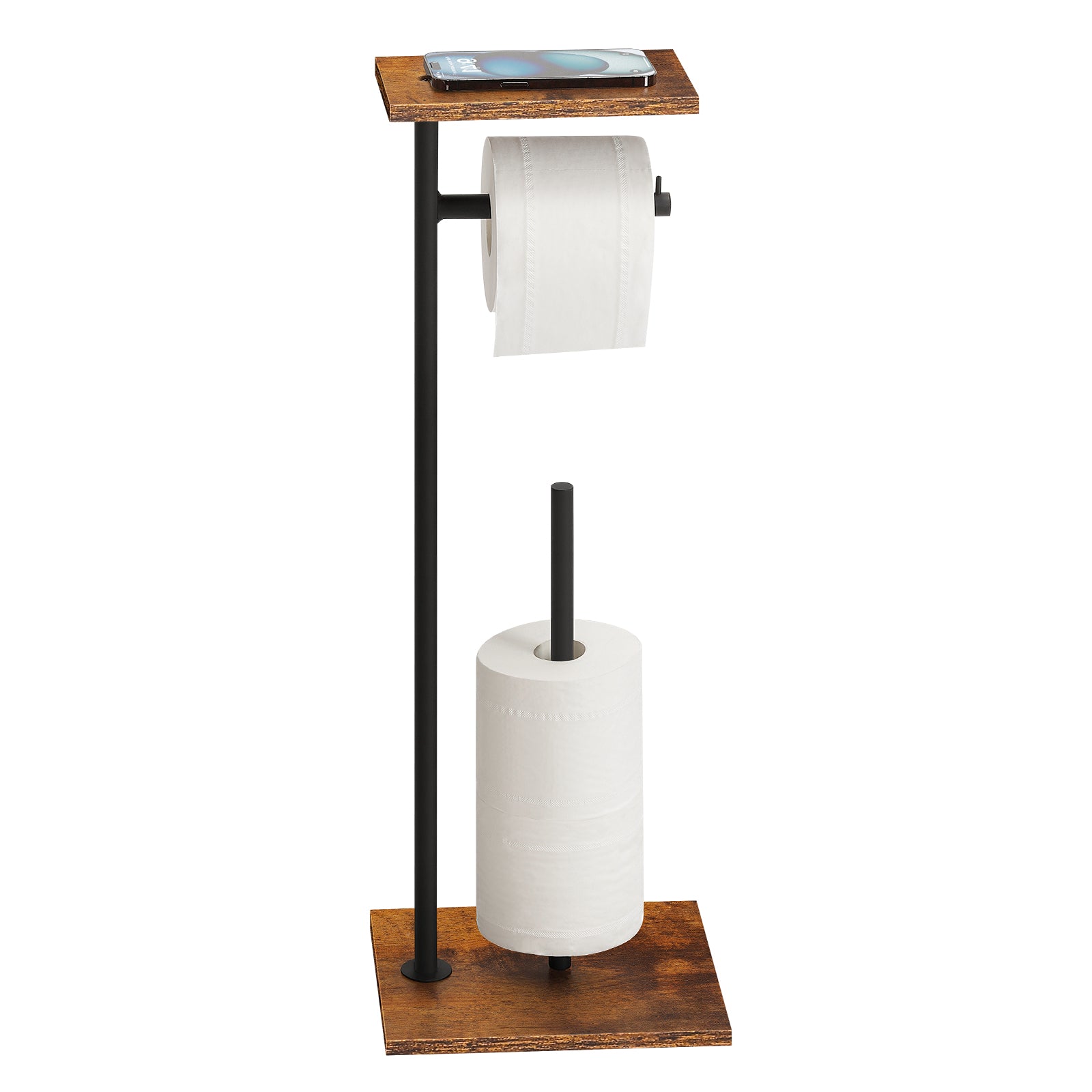 Rustic Industrial Free-Standing Toilet Paper Holder â€“ 3-in-1 Bathroom Organizer with Storage Shelf & Reserve