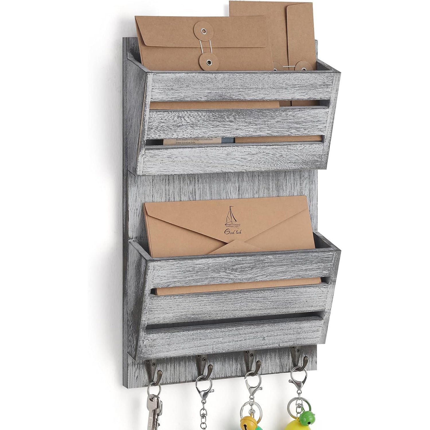 Rustic Farmhouse Wall-Mounted Mail & Key Station â€“ Dual-Tier Solid Wood Entryway Organizer