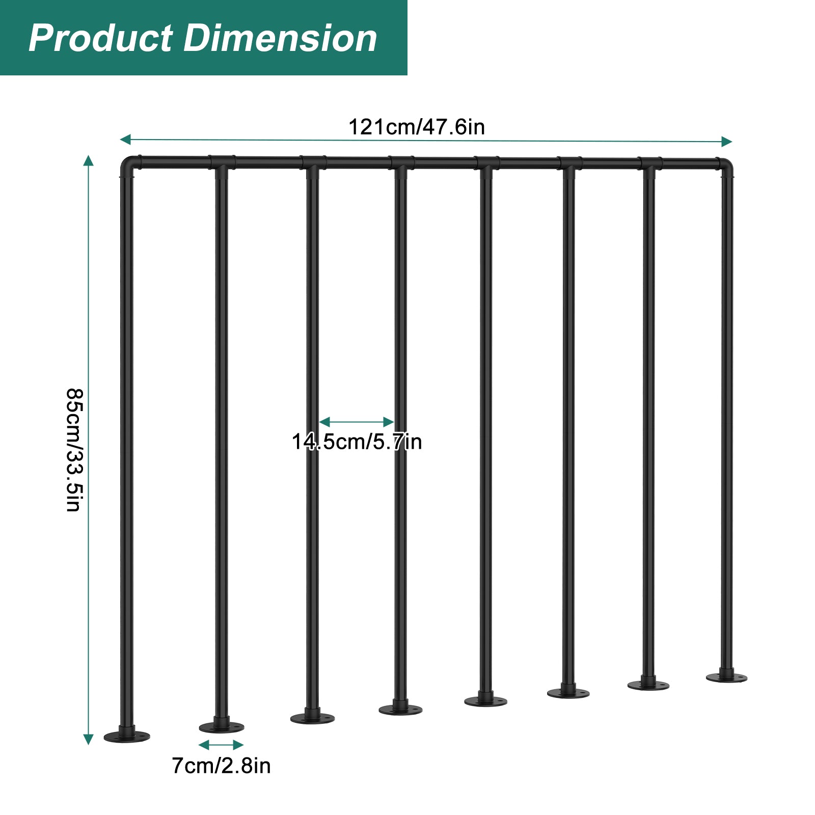 Porch Deck Railing Kit, Metal Deck Balusters, Black Horizontal Wrought Iron Guard Fence Handrail, Flat Hand Rails System for Outdoor/Indoor Porch, Balcony, Patio