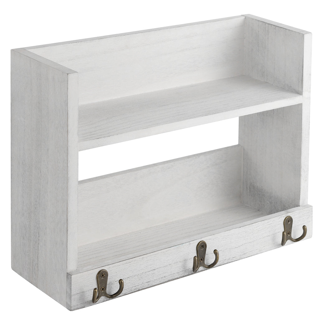 2 - Tier Wall - Mounted Pallet Shelves with 3 Dual Hooks - Key Holder, Mail Organizer & Coat Rack Rustic Grey - Green Finish, Ideal for Farmhouse Bedroom, Office or Entryway