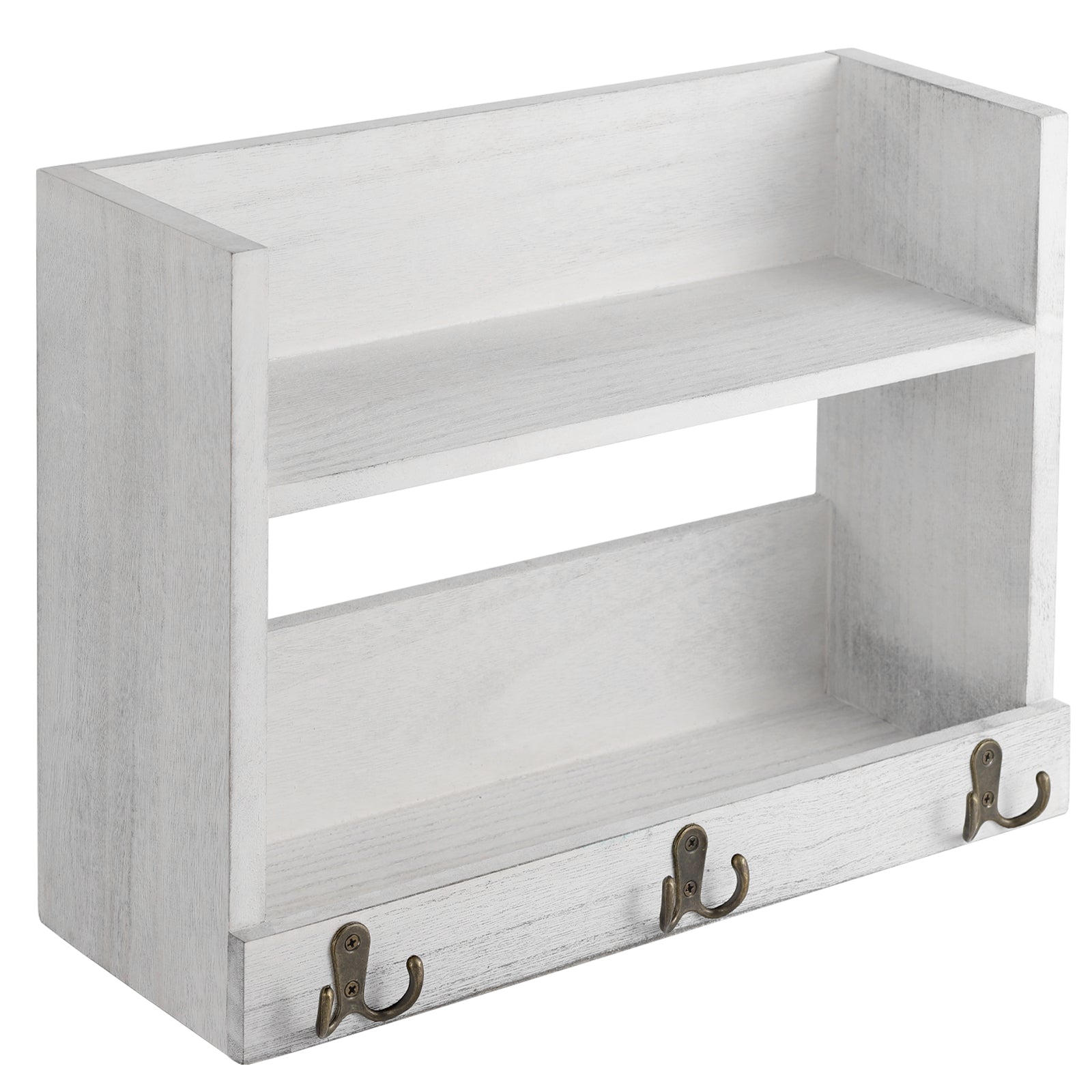 2 - Tier Wall - Mounted Pallet Shelves with 3 Dual Hooks - Key Holder, Mail Organizer & Coat Rack Rustic Grey - Green Finish, Ideal for Farmhouse Bedroom, Office or Entryway