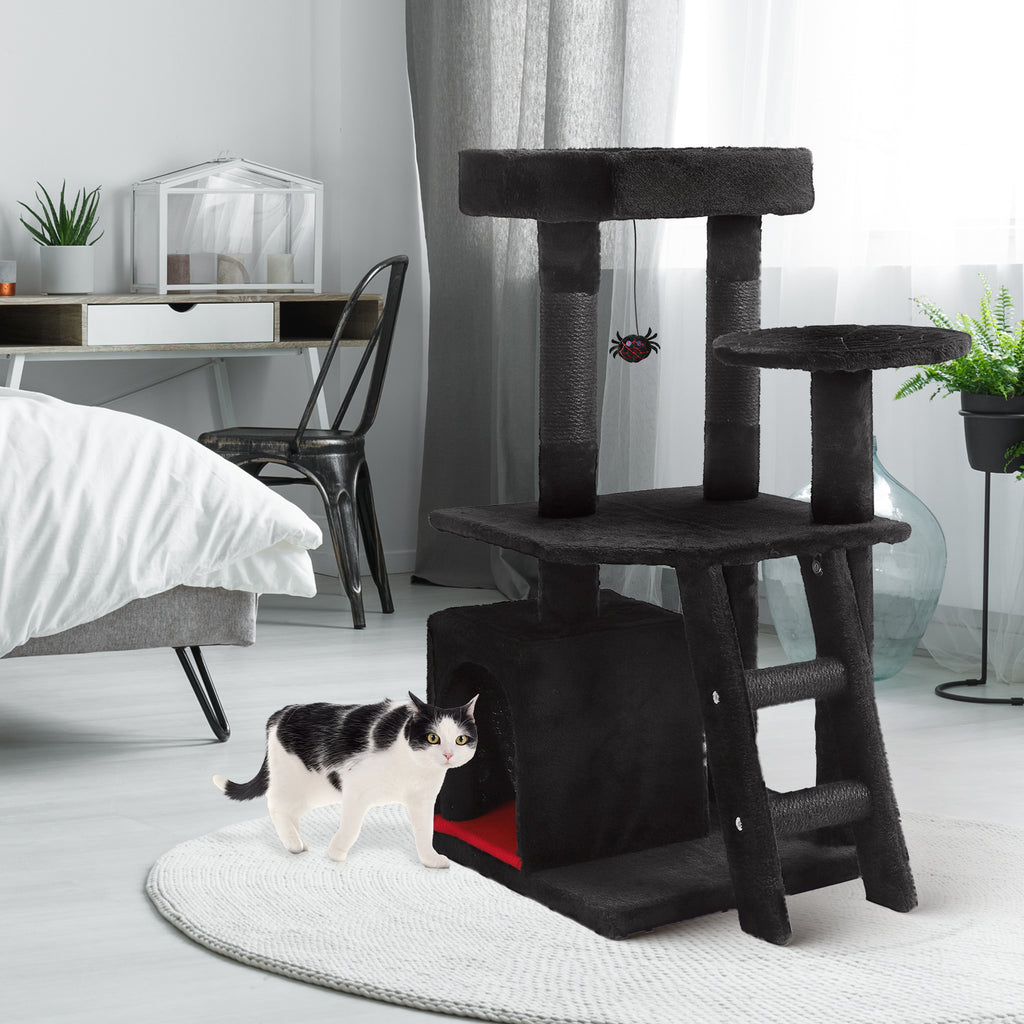 Gothic Cat Tree Tower with Coffin Bed & Spider Toy - 32" Multi-Level Kitty Condo with Scratching Posts & Ladder for Small to Medium Cats, Black