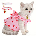 Strawberry Print Pet Dress with 2 Pack Adjustable Cat Collars with Bell, Cute Ruffle Bow Pet Clothes for Small Medium Cats, Kitten Girl Outfit, Soft Lightweight Puppy Costume for Daily Party Wear
