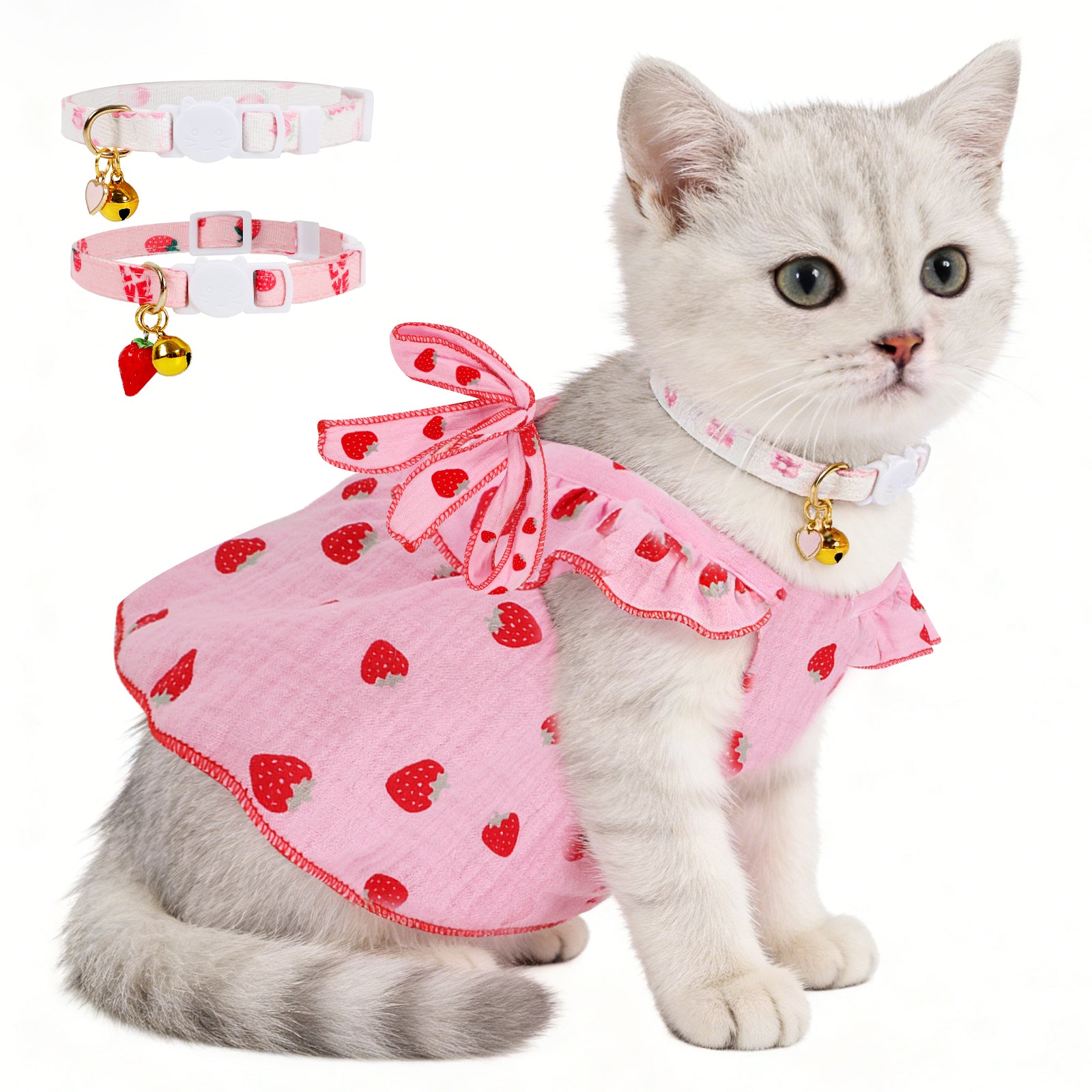 Strawberry Print Pet Dress with 2 Pack Adjustable Cat Collars with Bell, Cute Ruffle Bow Pet Clothes for Small Medium Cats, Kitten Girl Outfit, Soft Lightweight Puppy Costume for Daily Party Wear