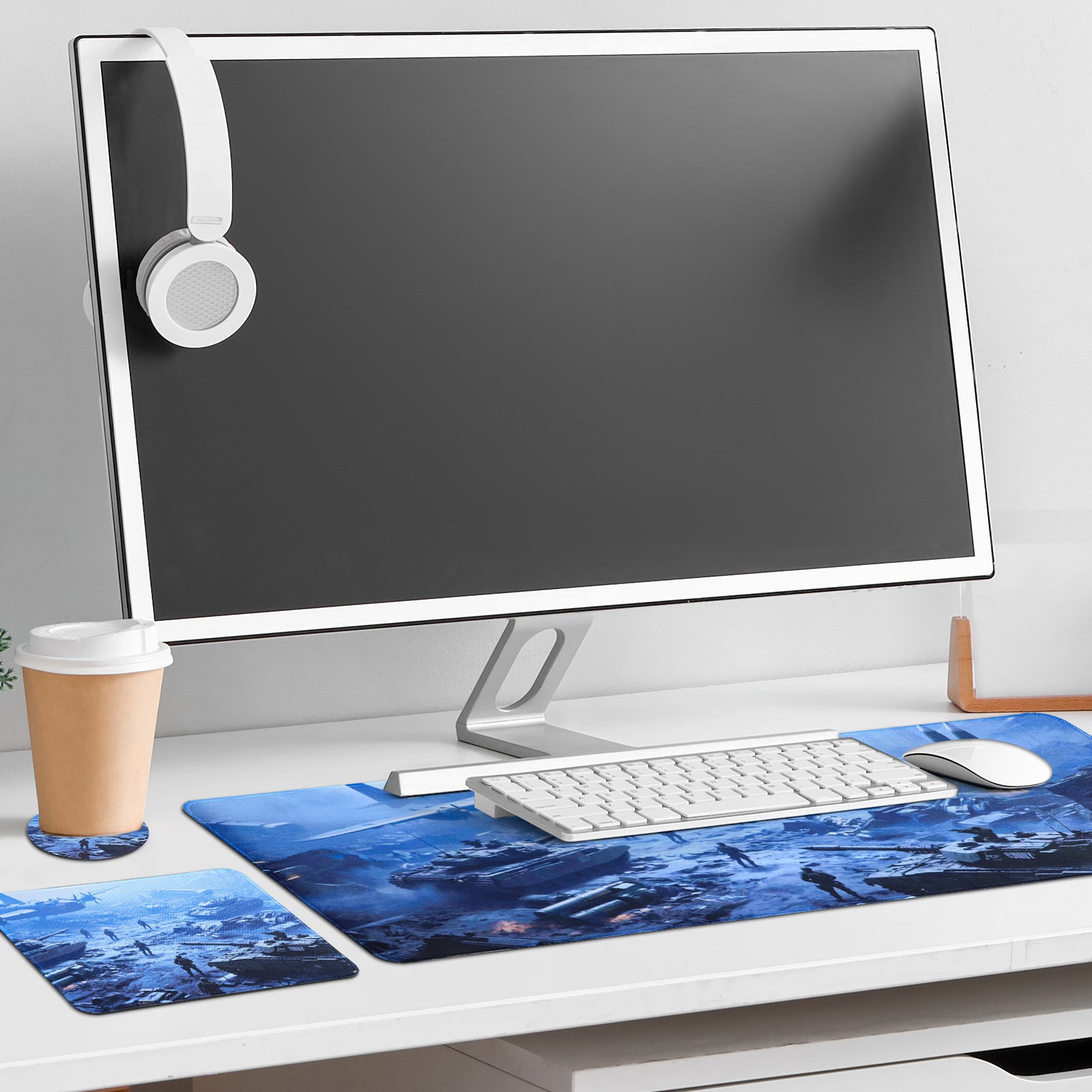 3-Piece Military Combat Desk Mat Set, Tank & Battlefield Extended Gaming Mouse Pad with Coaster