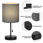 Set of 2 Modern Table Lamps with Dual USB Charging Ports, Gray Linen Shade Bedside Lamps for Bedroom, Living Room, Office