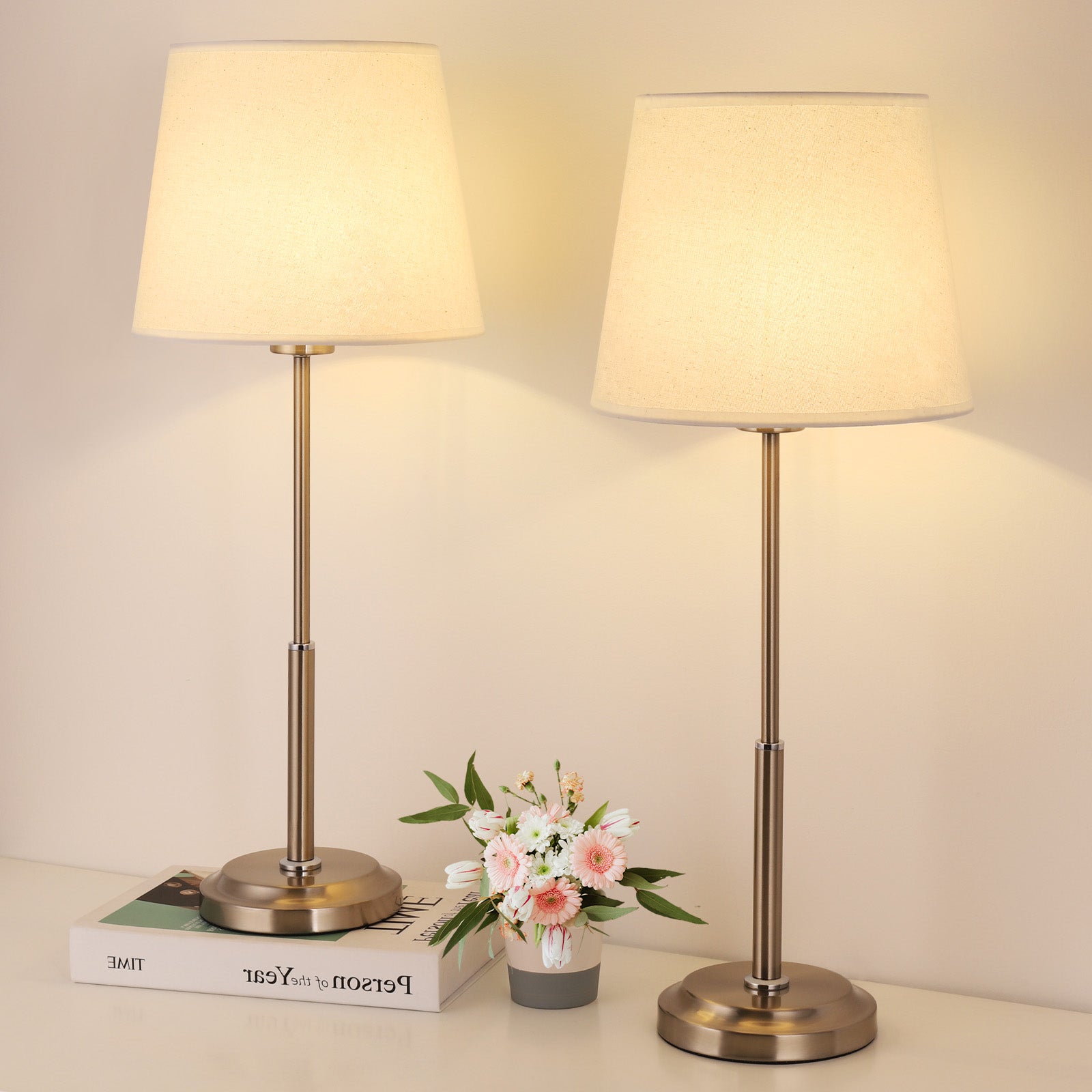 Modern Bedside Lamps Set of 2 - Brushed Nickel Table Lamps with Linen Fabric Shade and Sliver Metal Base, Elegant Nightstand Lamps for Bedroom, Hotel, Dorm, Office