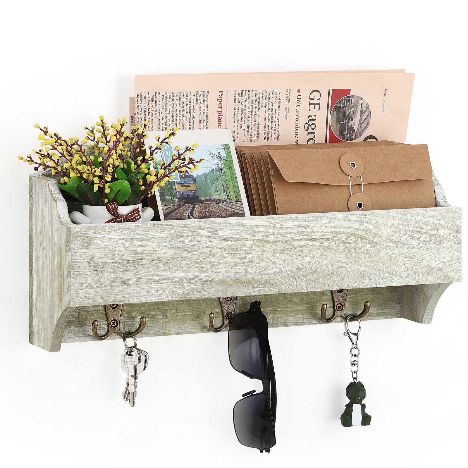 Wall Mount Shelf with 3 Hooks Storage Organizer for Kitchen Entryway Bedroom Bathroom
