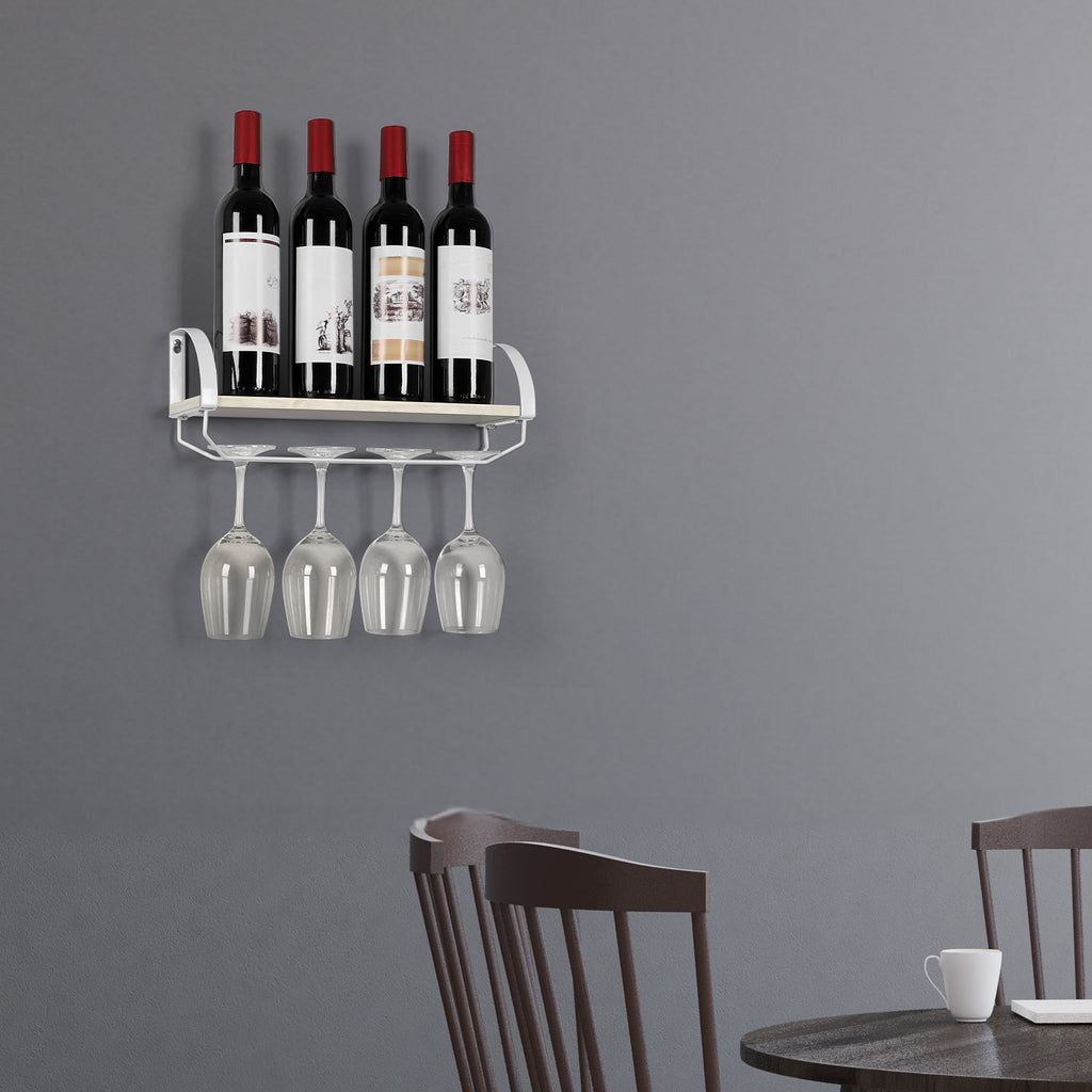 Rustic Wood Wine Rack with Glass Holder ¨C Farmhouse Wall-Mounted Storage Shelf for Kitchen, Pantry, or Bar, Space-Saving Display for Wine Bottles and Stemware, 17 Inch, Wine Bottle Holder