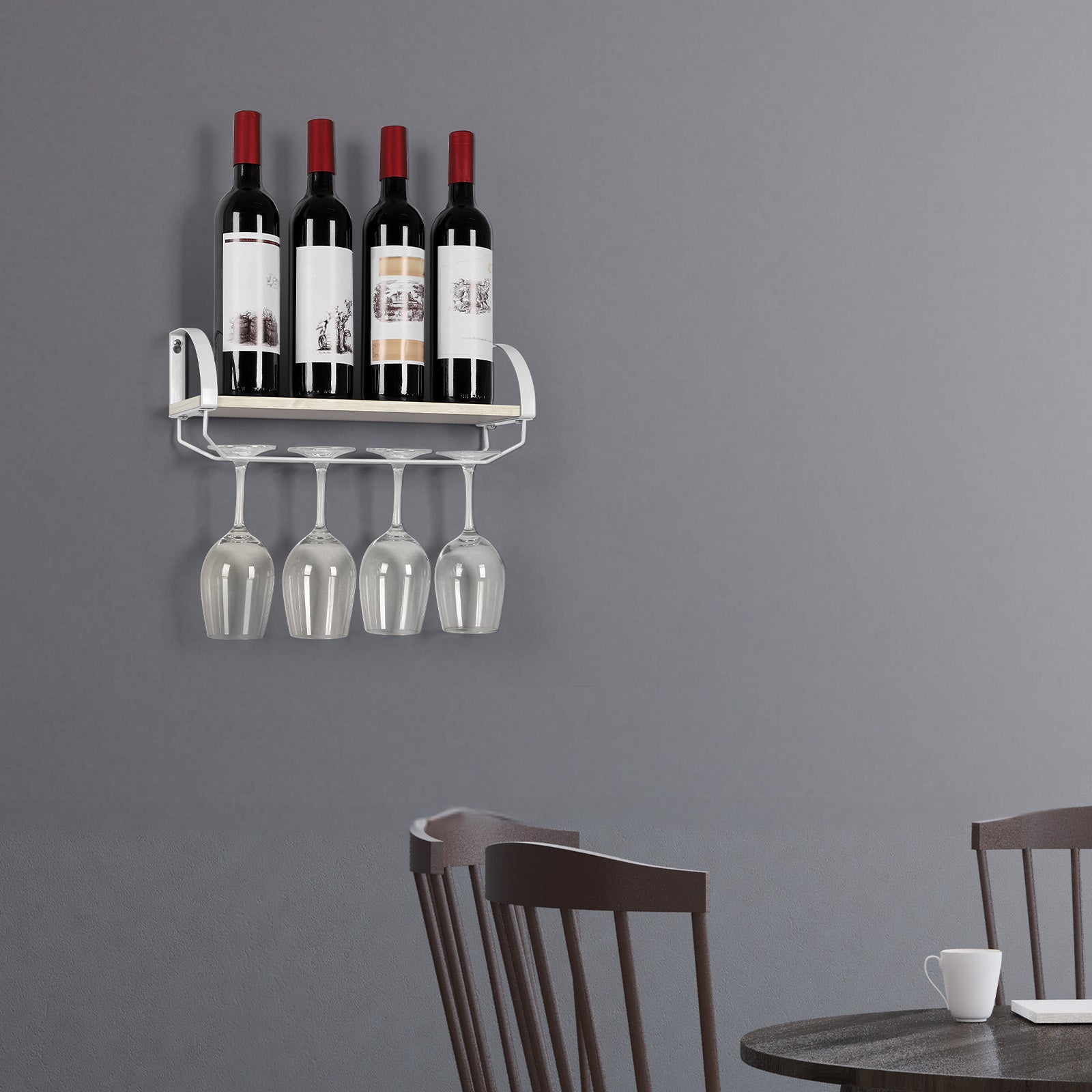 Rustic Wood Wine Rack with Glass Holder ¨C Farmhouse Wall-Mounted Storage Shelf for Kitchen, Pantry, or Bar, Space-Saving Display for Wine Bottles and Stemware, 17 Inch, Wine Bottle Holder
