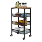 4-Tier Mesh Wire Rolling Utility Cart - Rustic Wood-Top Serving Trolley with Lockable Wheels for Kitchen