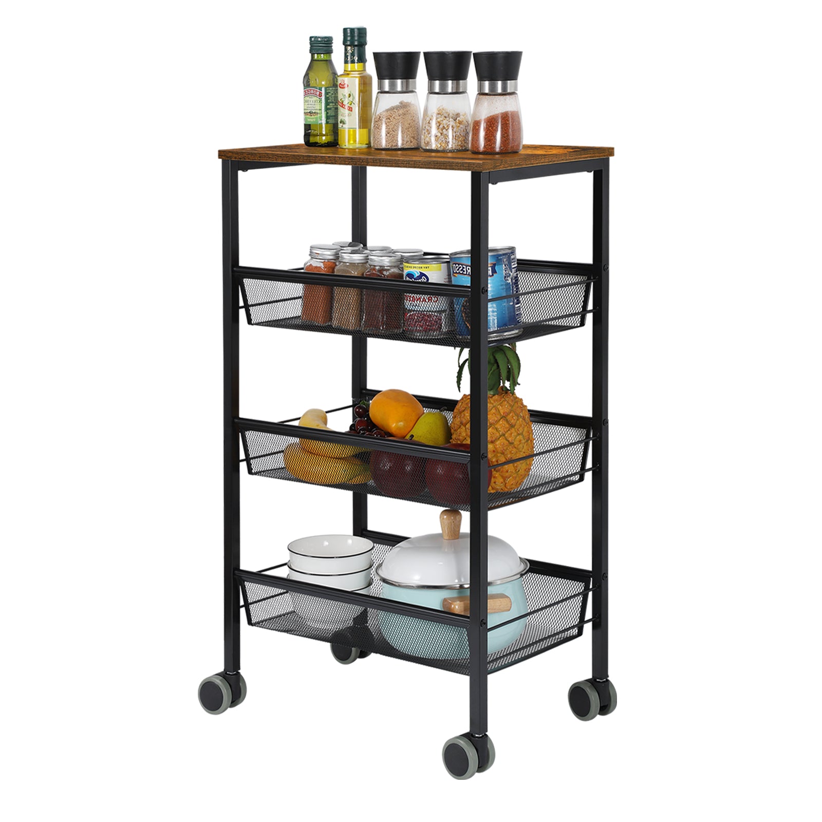 4-Tier Mesh Wire Rolling Utility Cart - Rustic Wood-Top Serving Trolley with Lockable Wheels for Kitchen