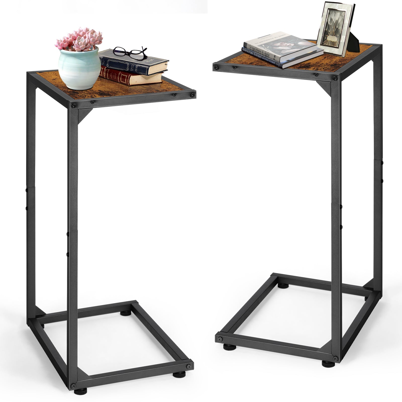 Set of 2 Black C-Shaped End Tables, Small Side Tables for Living Room & Bedroom, Industrial Snack Tables,