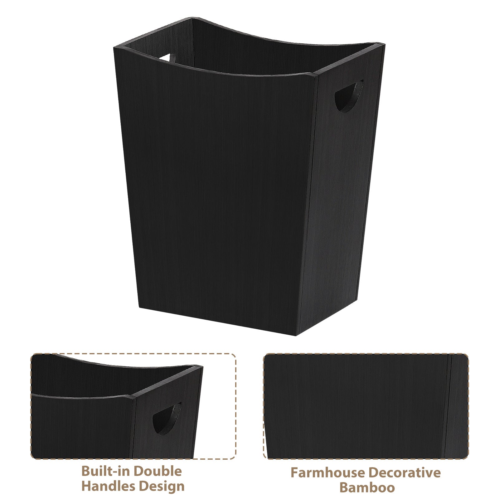 Minimalist Farmhouse Waste Basket, 2 Gallon Rectangle Wooden Trash Container, Decorative Open-Top Garbage Can with Side Cutout Handles for Bathroom Vanity, Bedroom Nightstand, Kitchen Countertop