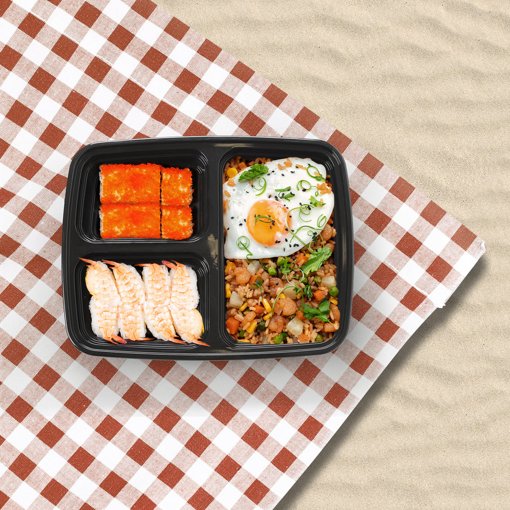 50-Pack 3-Compartment Meal Prep Containers - 38oz Reusable Plastic Bento Boxes - Portion Control Storage for Healthy Meals