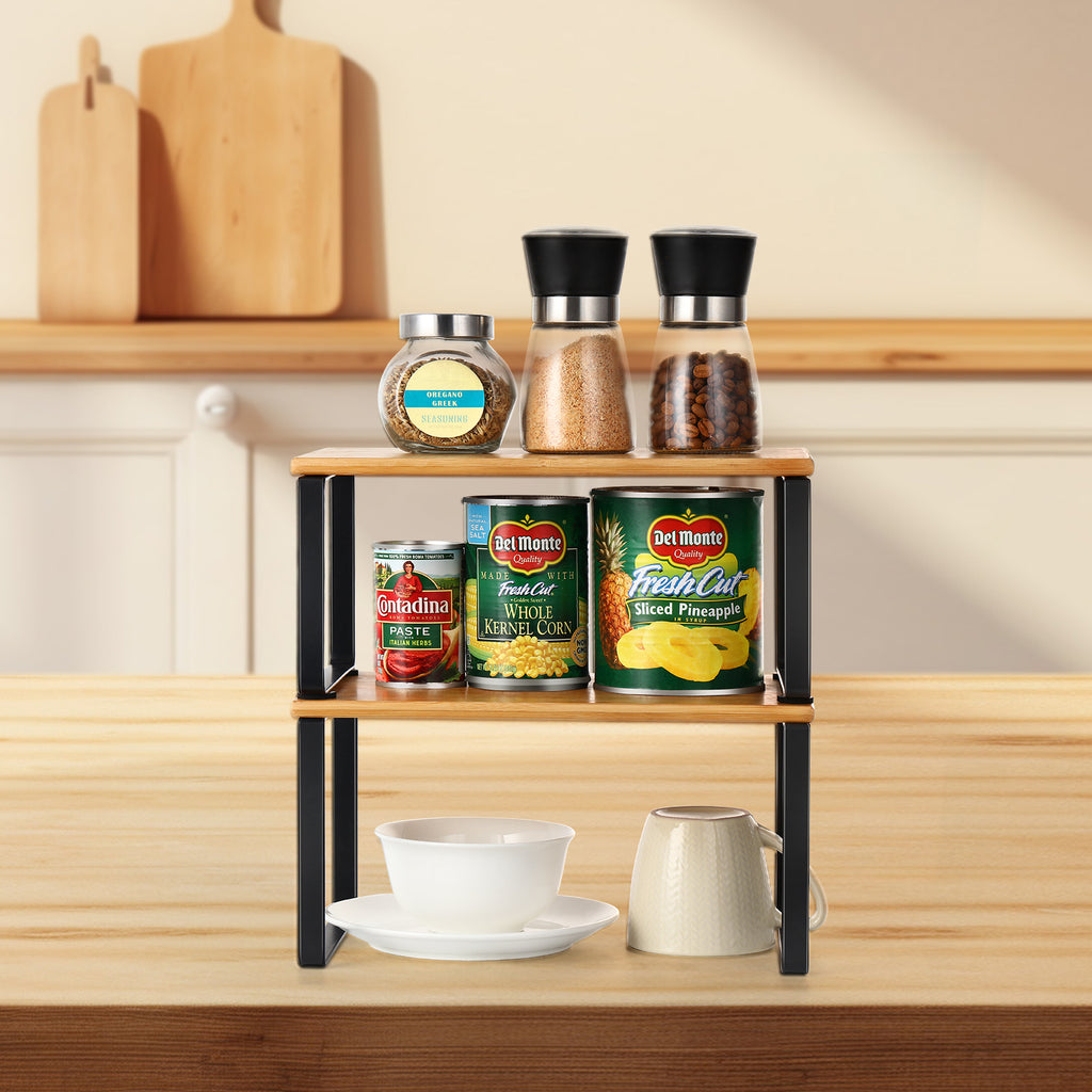 2-Pack Expandable Cabinet Shelf Organizers - Stackable Kitchen Counter & Pantry Shelves, Black Metal