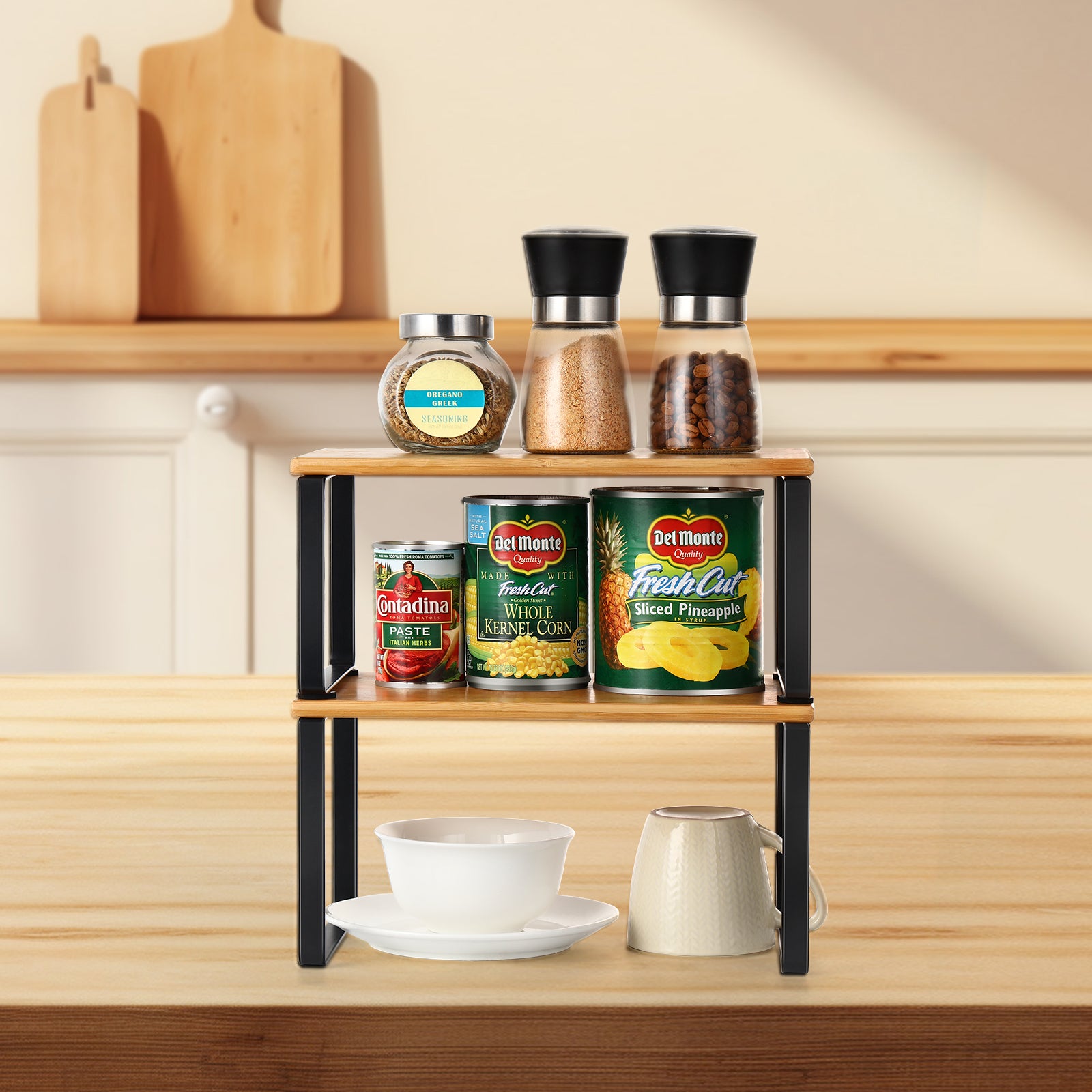 2-Pack Expandable Cabinet Shelf Organizers - Stackable Kitchen Counter & Pantry Shelves, Black Metal