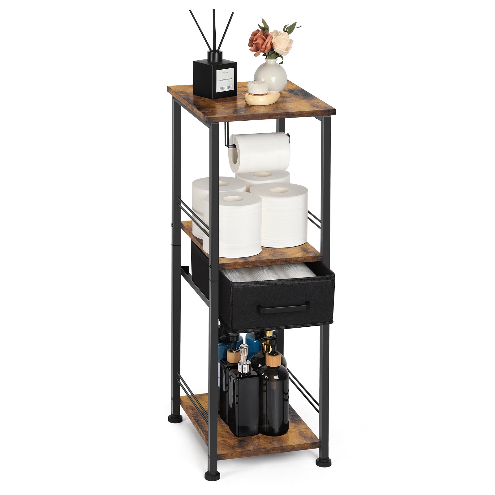 Farmhouse-Style Toilet Paper Floor Organizer with Pull-Out Drawer - Rustic Brown Utility Shelf for Small Spaces, Bathrooms, and Entryways