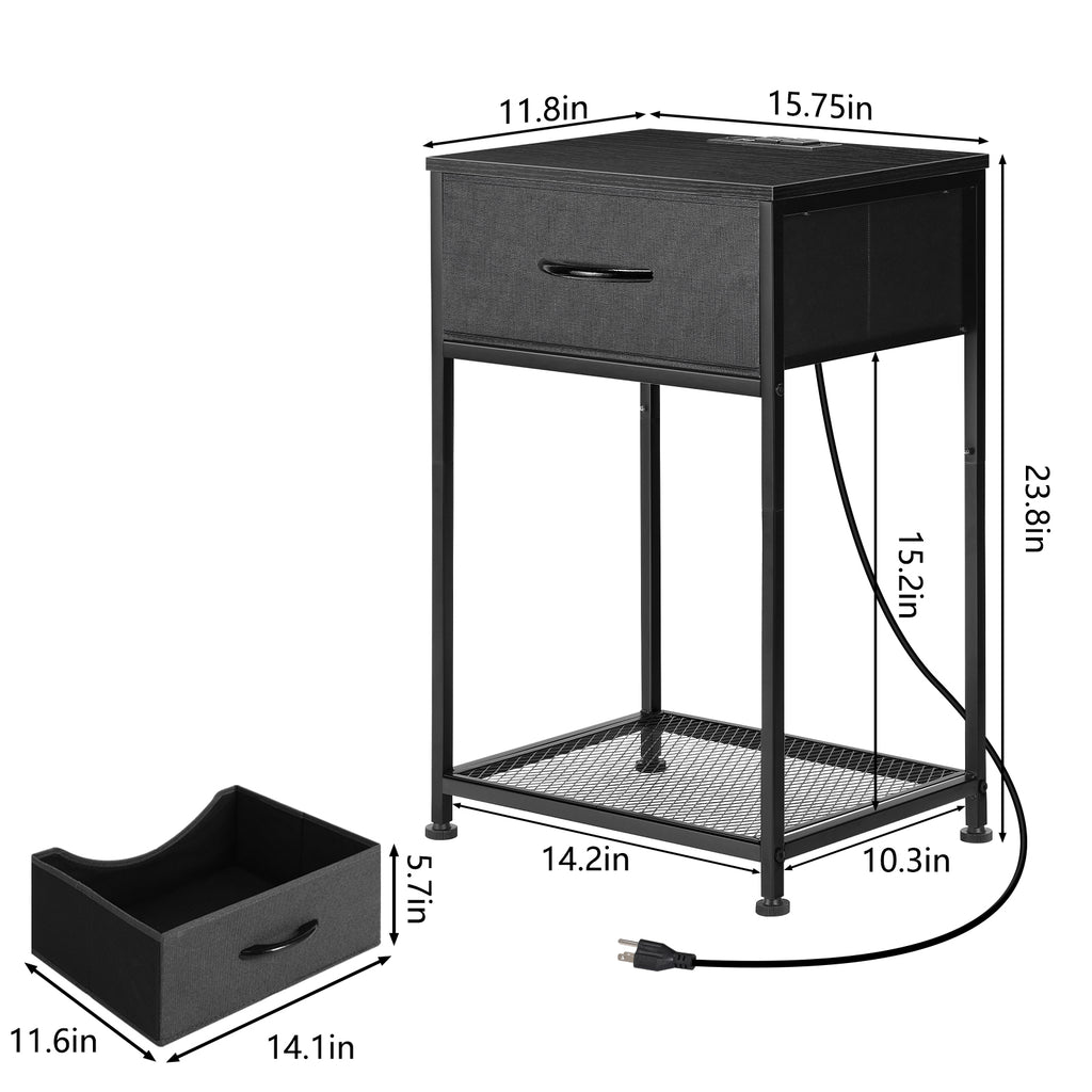 2-Pack Nightstands with Charging Station -Small Bedside Tables with Fabric Drawer for Bedroom