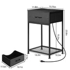 2-Pack Nightstands with Charging Station -Small Bedside Tables with Fabric Drawer for Bedroom