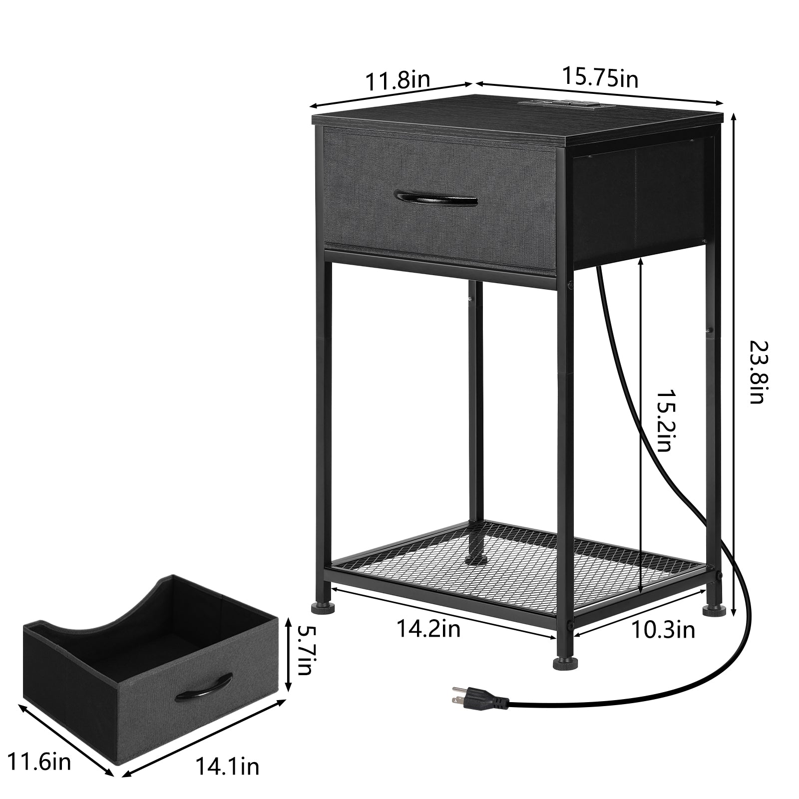 2-Pack Nightstands with Charging Station -Small Bedside Tables with Fabric Drawer for Bedroom