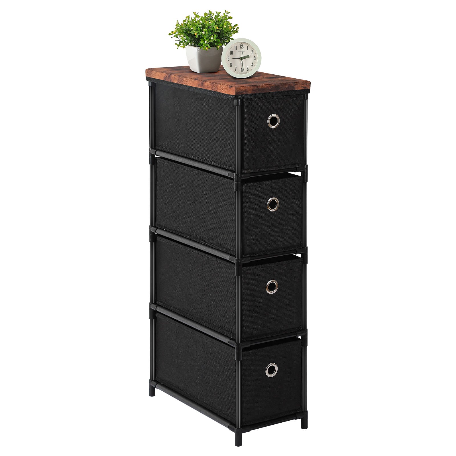 Slim 4-Drawer Fabric Storage Tower, Compact Black Vertical Dresser and Nightstand for Small Spaces, Versatile End Table for Bedroom, Living Room, or Office