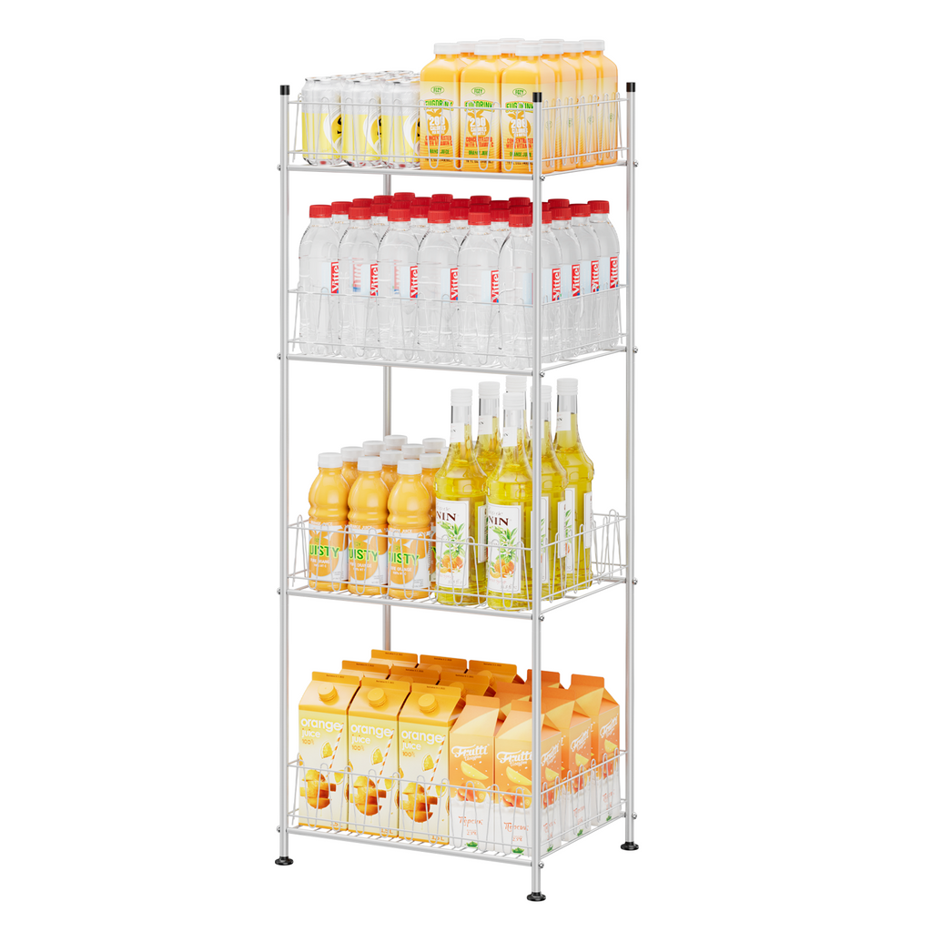4-Tier Water Bottle Holder & Drink Can Shelf Organizer - Freestanding Vertical Storage, Silver