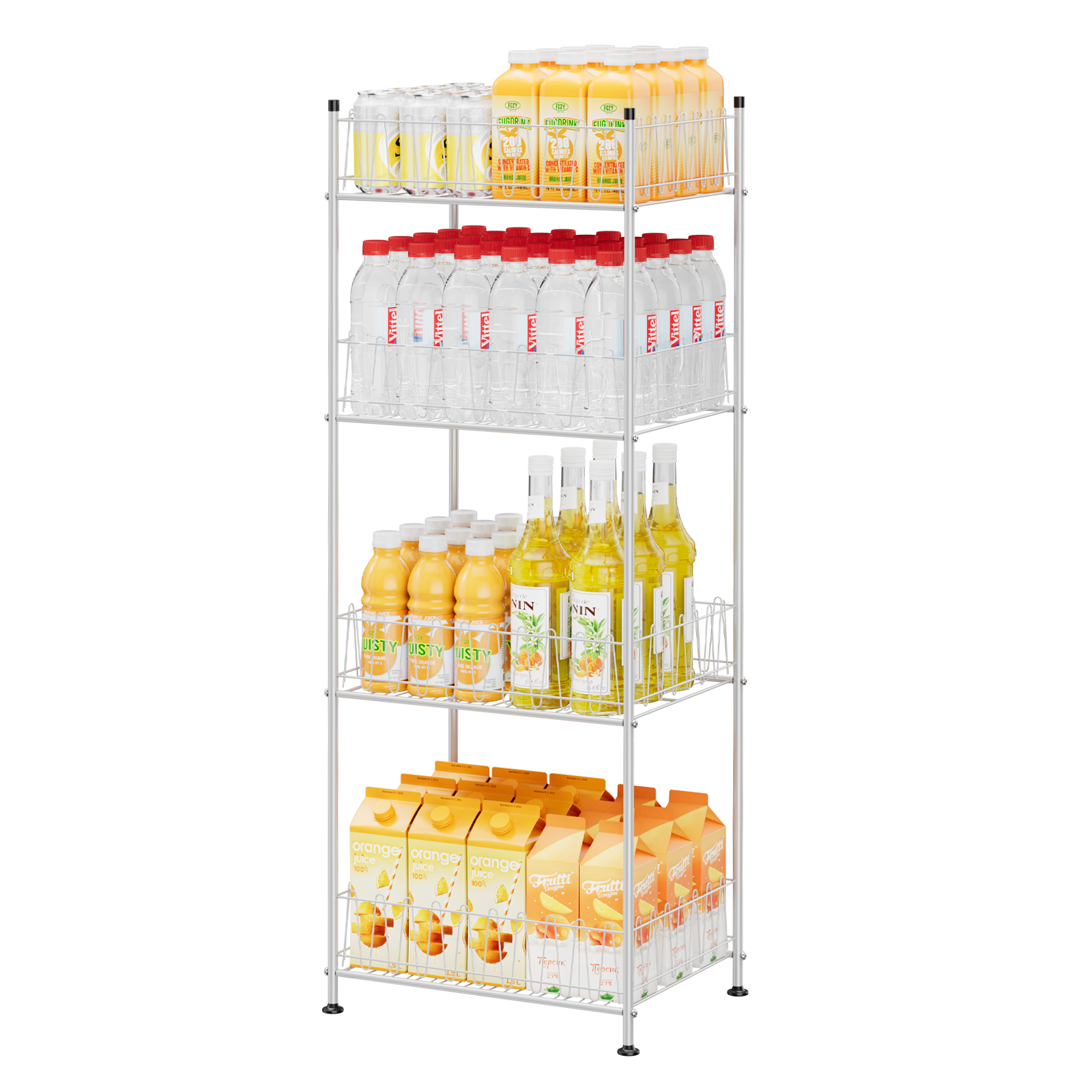 4-Tier Water Bottle Holder & Drink Can Shelf Organizer - Freestanding Vertical Storage, Silver