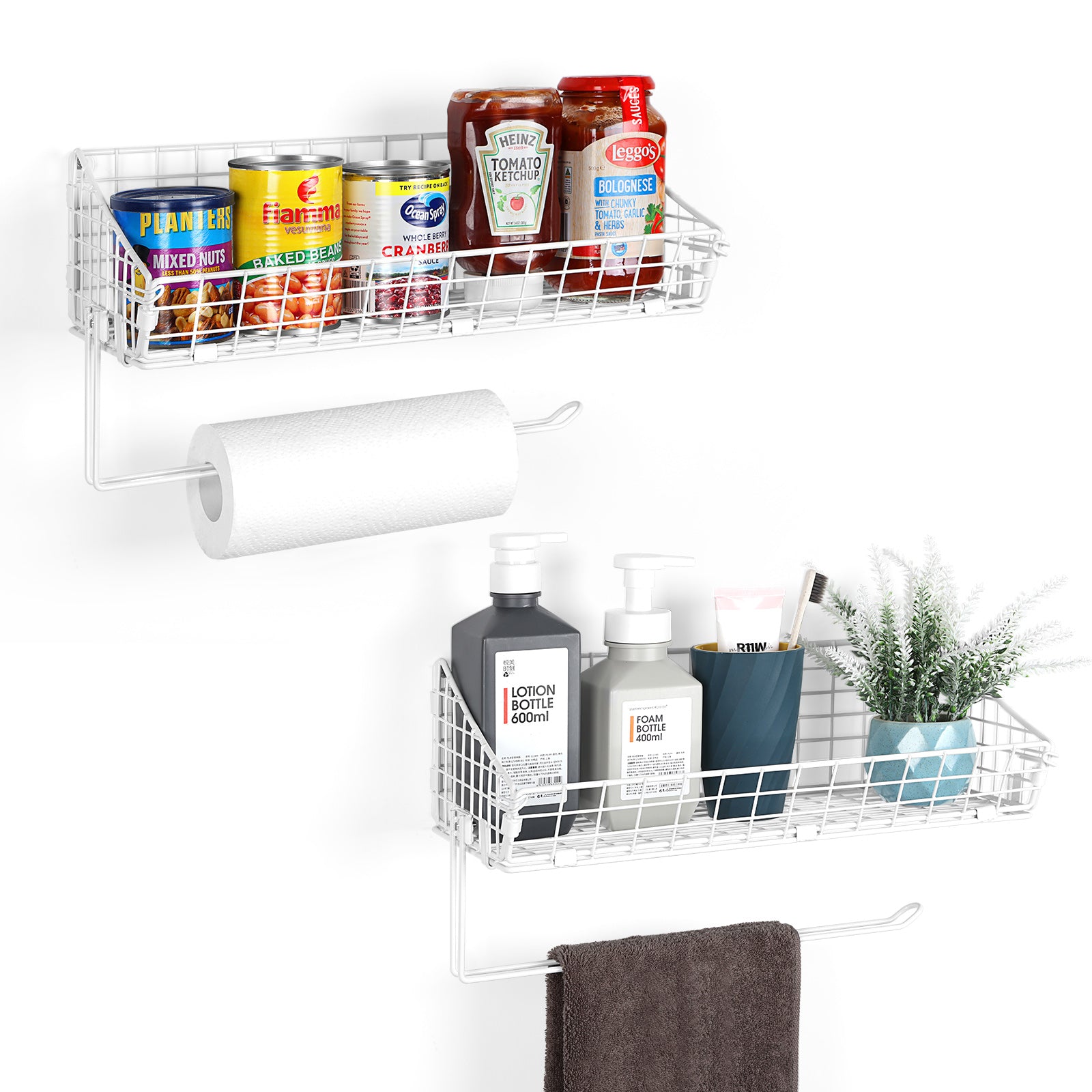 2-Pack White Wall-Mount Wire Mesh Shelves with Integrated Paper Towel Dispenser, Multi-Purpose Hanging Storage Organizers for Pantry and Bathroom