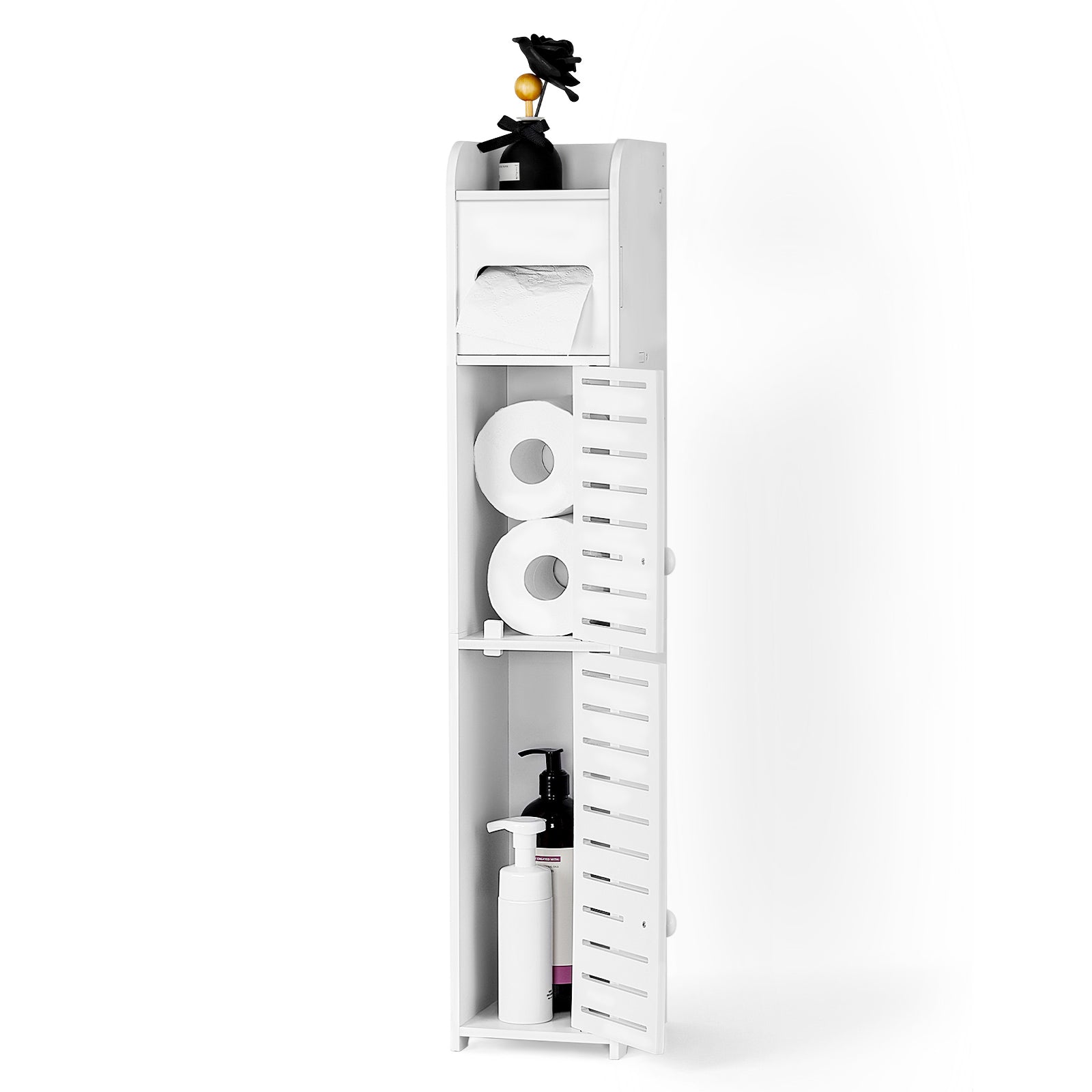 4-Tier Freestanding Bathroom Storage Tower for Toilet Tissue Rolls, White Slim Cabinet Organiser