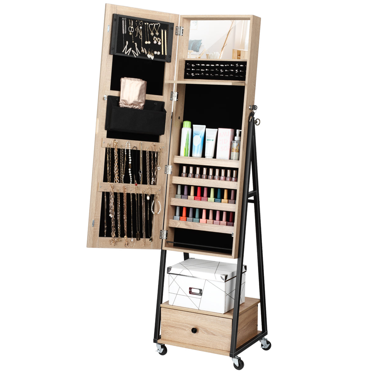 Floor Standing Jewelry Cabinet Armoire - Large Capacity Storage with Interior Mirror and Drawer