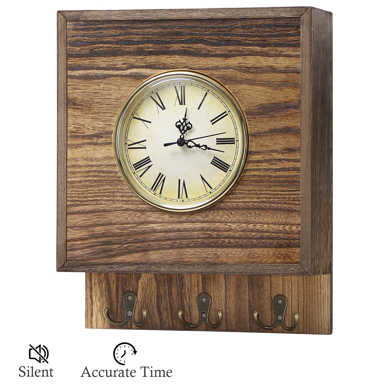 Vintage Wooden Wall Clock with Hidden Storage & Key Hooks, Silent Non-Ticking Roman Numeral Clock for Entryway & Home Decor
