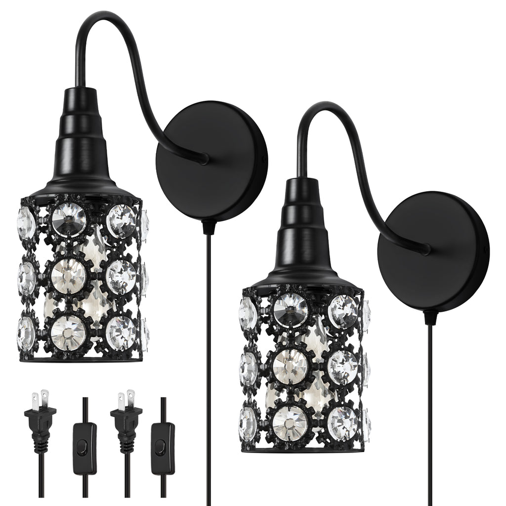 Set of 2 Contemporary Crystal Wall Sconces with Black E26 Base, Plug-in Bedside Mount Fixtures with Sparkling Lampshades for Bedroom, Hallway, and Living Room Decor