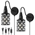 Set of 2 Contemporary Crystal Wall Sconces with Black E26 Base, Plug-in Bedside Mount Fixtures with Sparkling Lampshades for Bedroom, Hallway, and Living Room Decor