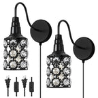 Set of 2 Contemporary Crystal Wall Sconces with Black E26 Base, Plug-in Bedside Mount Fixtures with Sparkling Lampshades for Bedroom, Hallway, and Living Room Decor