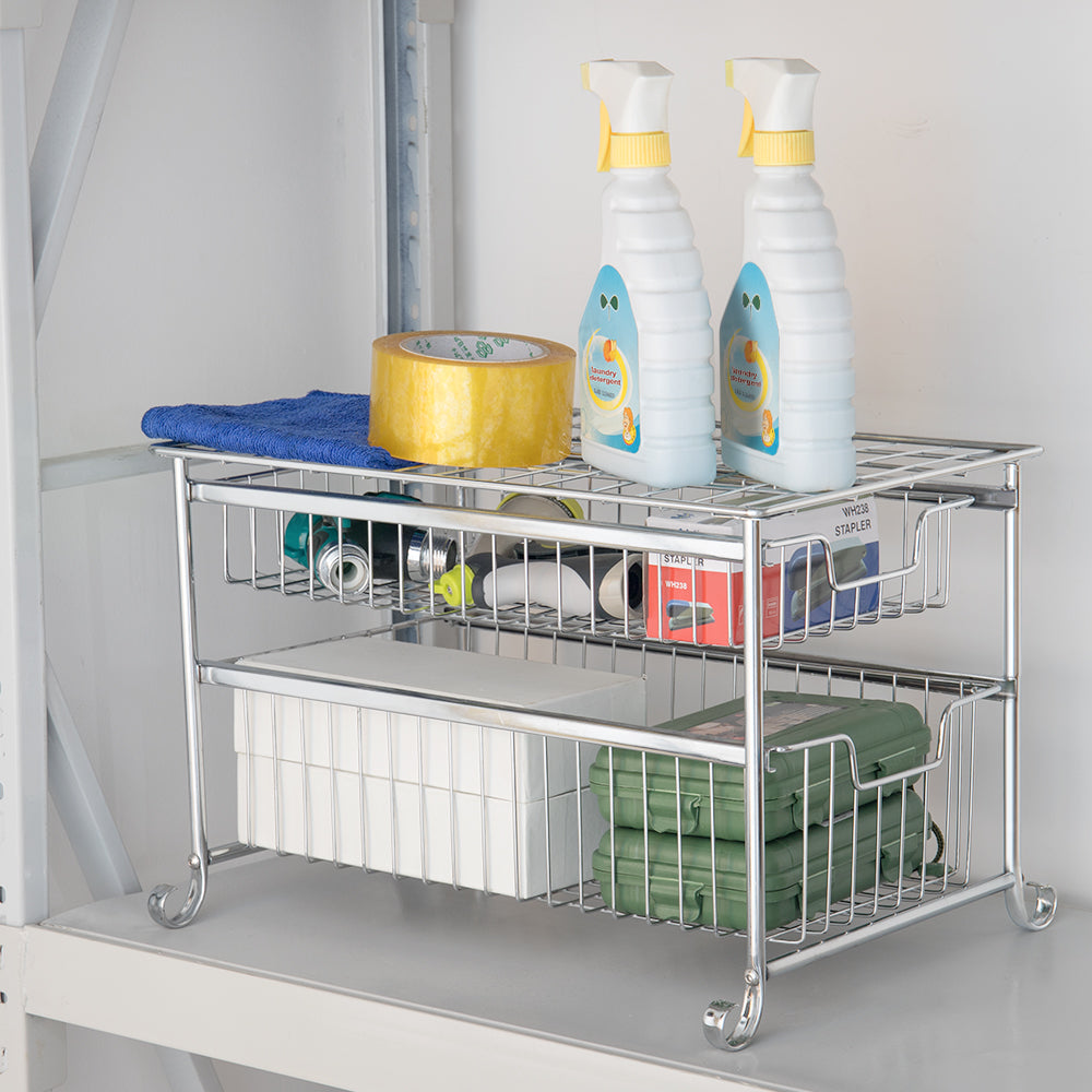 2-Tier Pull-Out Under Sink Organizer, Chrome-Plated Sliding Cabinet Storage Basket for Kitchen & Bathroom