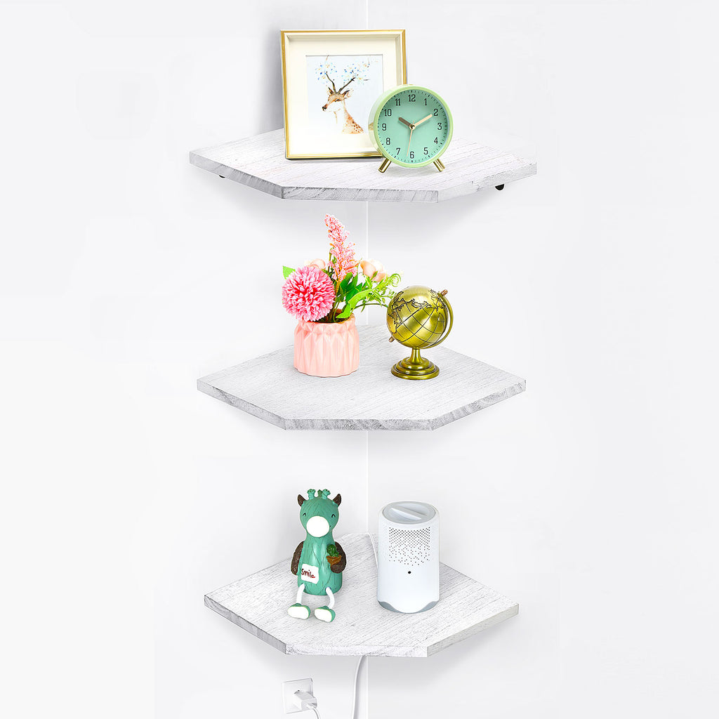 Set of 3 Rustic White Wall-Mounted Corner Shelves - Distressed Wood Floating Display for Kitchen, Bedroom, or Bathroom Organization