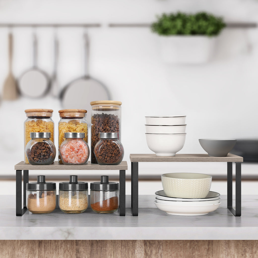Stackable Kitchen Counter Shelves (Set of 2) -Expandable Grey Wood Organizers for Countertops & Cabinets